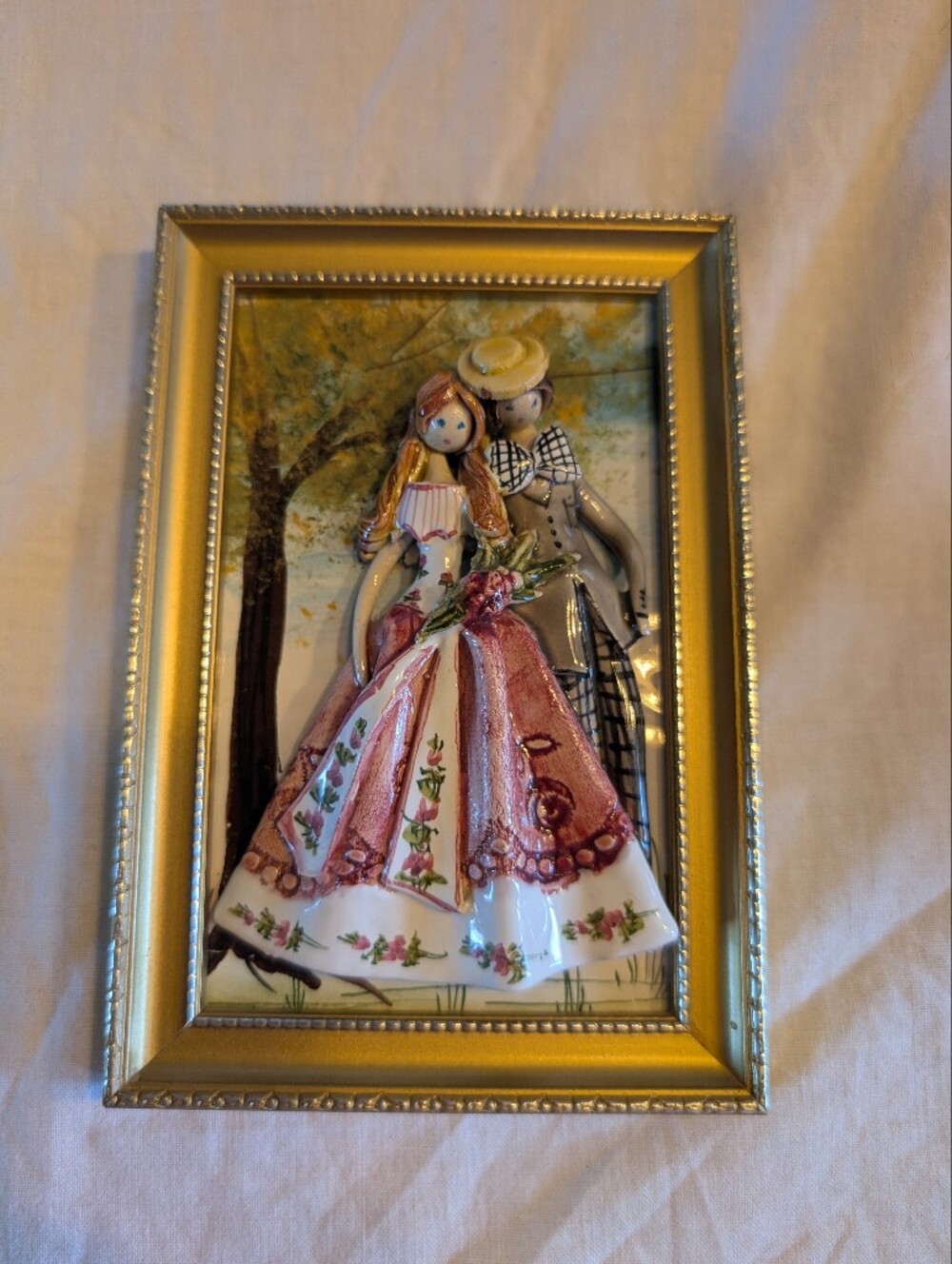 2/80$ Vintage Porcelain Couple Wall Art with enamel on copper background